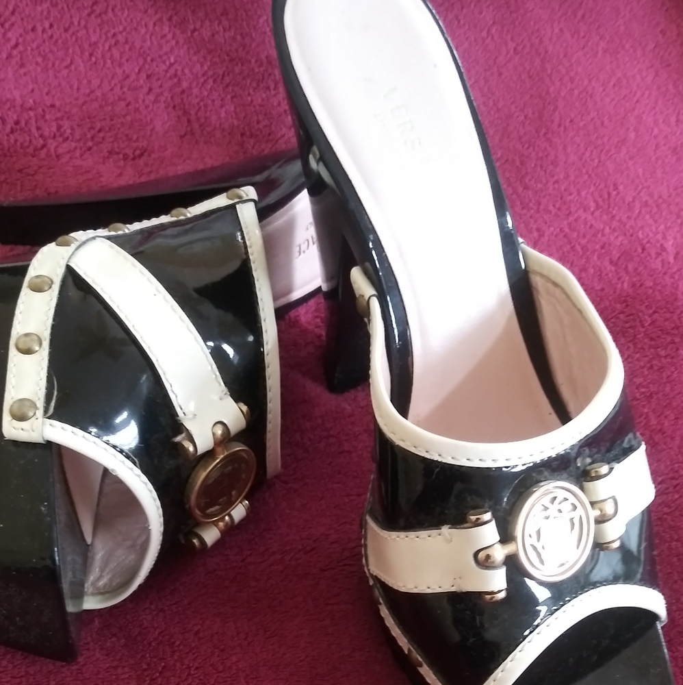 Versace black patent leather mules